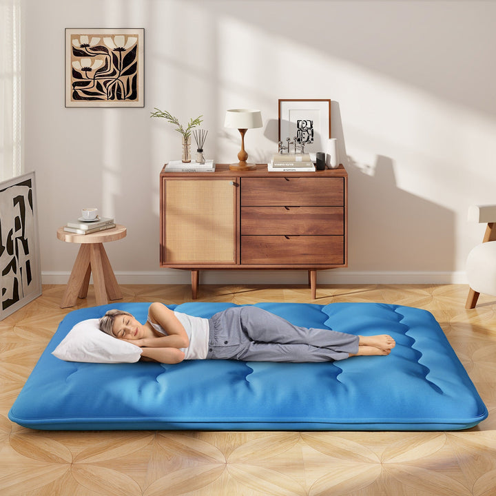Foldable Futon Mattress with Washable Cover and Carry Bag for Camping Blue-Queen Size