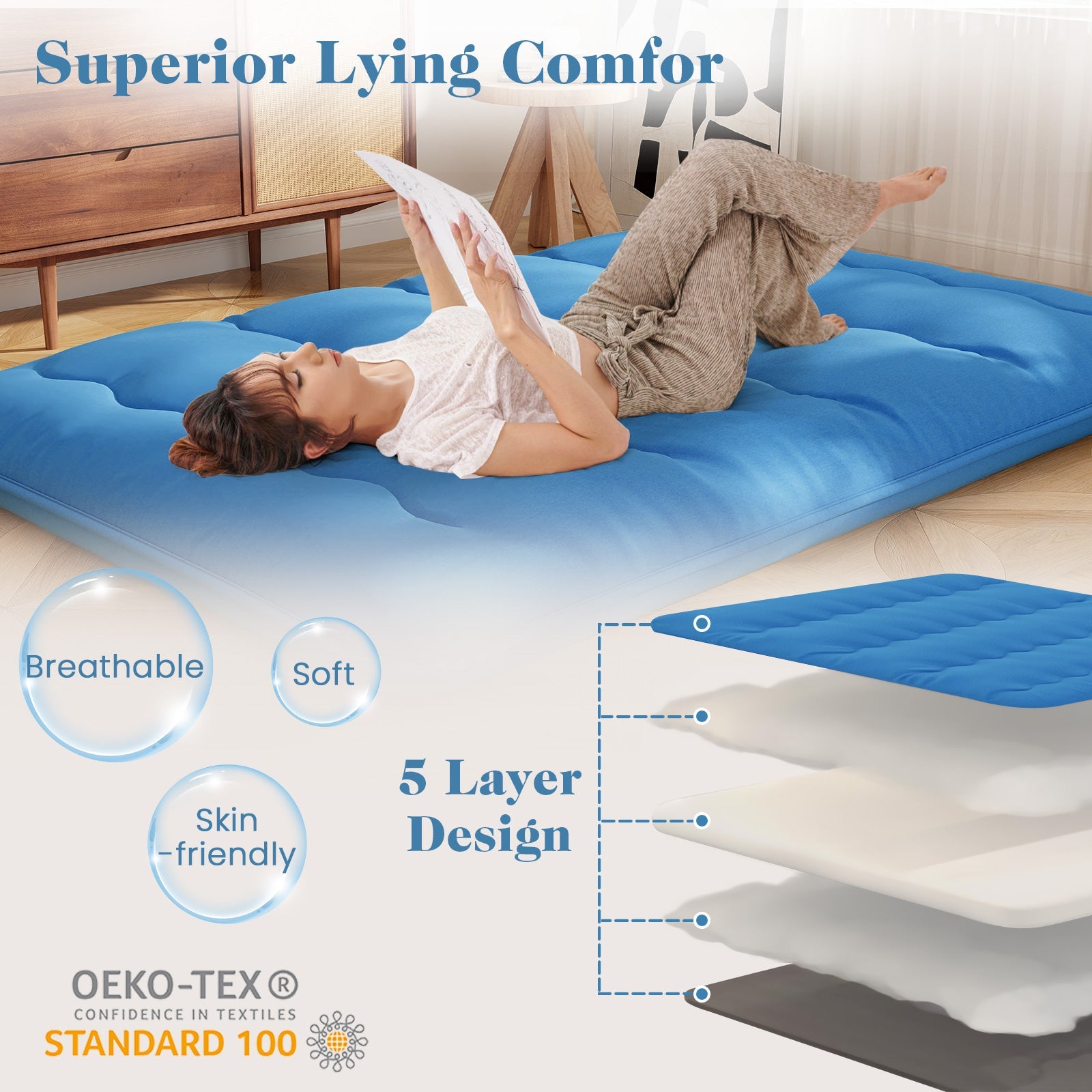 Foldable Futon Mattress with Washable Cover and Carry Bag for Camping Blue-Queen Size